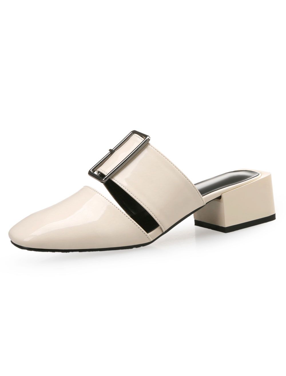 Women's White Mules Square Toe Buckle Detail Backless Mule Loafers | Milanoo