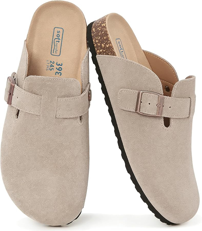 Women's Suede Clogs Slip-on Leather Mules Cork Footbed Sandals Slides Potato Shoes with Adjustabl... | Amazon (UK)