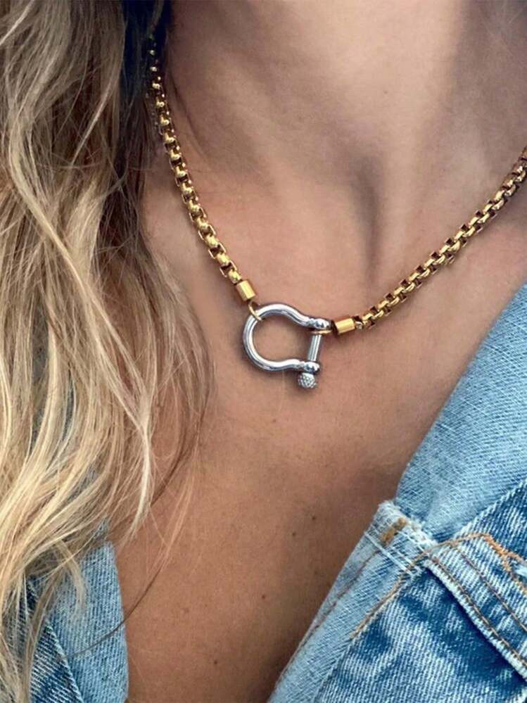 18K Gold Plated Stainless Steel Waterproof Box Chain Necklace With Thick Clasp Pendant, Women Jew... | SHEIN