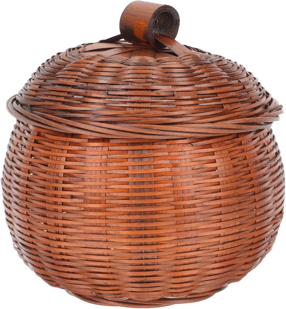 PATKAW Rattan Storage Basket Pumpkin Shape Round Rattan Boxes with Lid Wicker Egg Basket Desktop ... | Amazon (US)