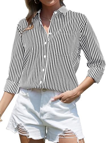 CUNLIN Women's Wrinkle-Resistant Striped Long Sleeve Button Down Shirt | Amazon (US)