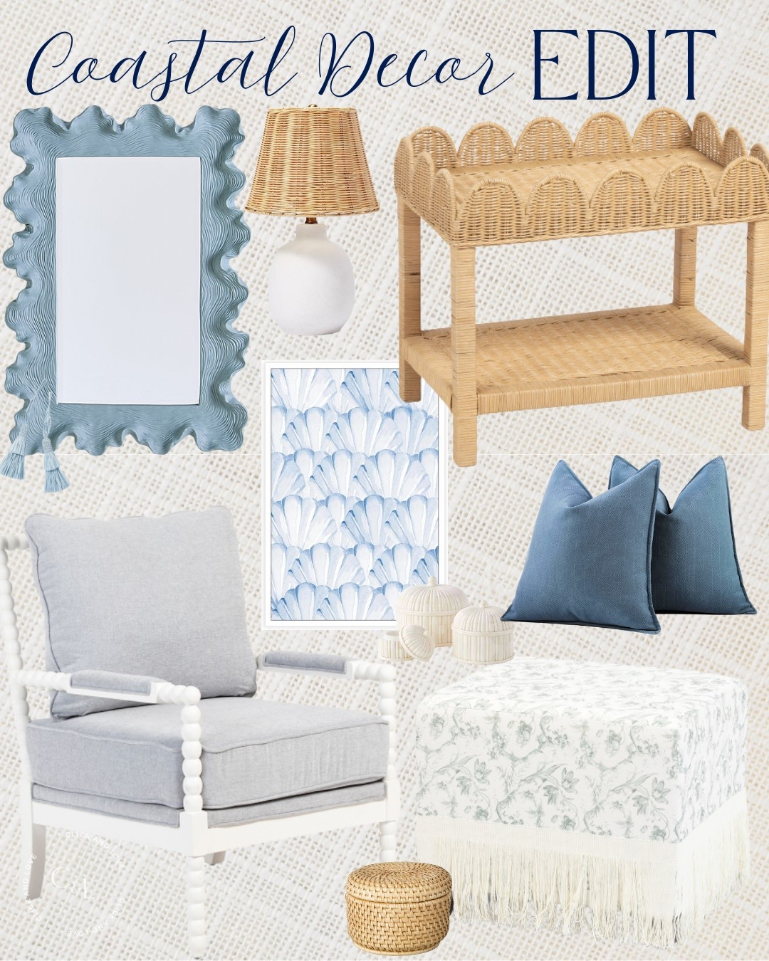 Coastal decor home inspiration! This is such a calming color palette to add into your space. Loving these textures and colors together! 🌊

framed art, end table, accent table, accent pillow, pillow covers, patterned pillow, wall art, artwork, spindle chair, accent chair, gold bowl, decorative boxes, scalloped mirror, wavy mirror, blue and white aesthetic, how to style a coffee table, home designer look for less, Table, budget friendly home decor, fringe ottoman, ottoman, rattan lamp, rattan furniture, bar cart, nursery decor, grandmillennial style, beach house interiors

#LTKStyleTip #LTKHome #LTKFamily