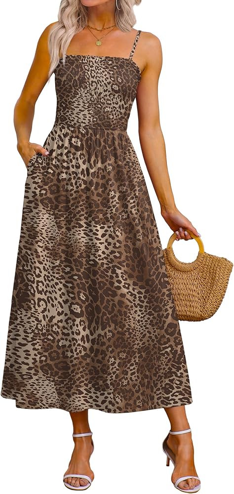 OFEEFAN Womens Spaghetti Strap Maxi Dresses Smocked with Pockets 2026 Summer Spring Casual Boho B... | Amazon (US)