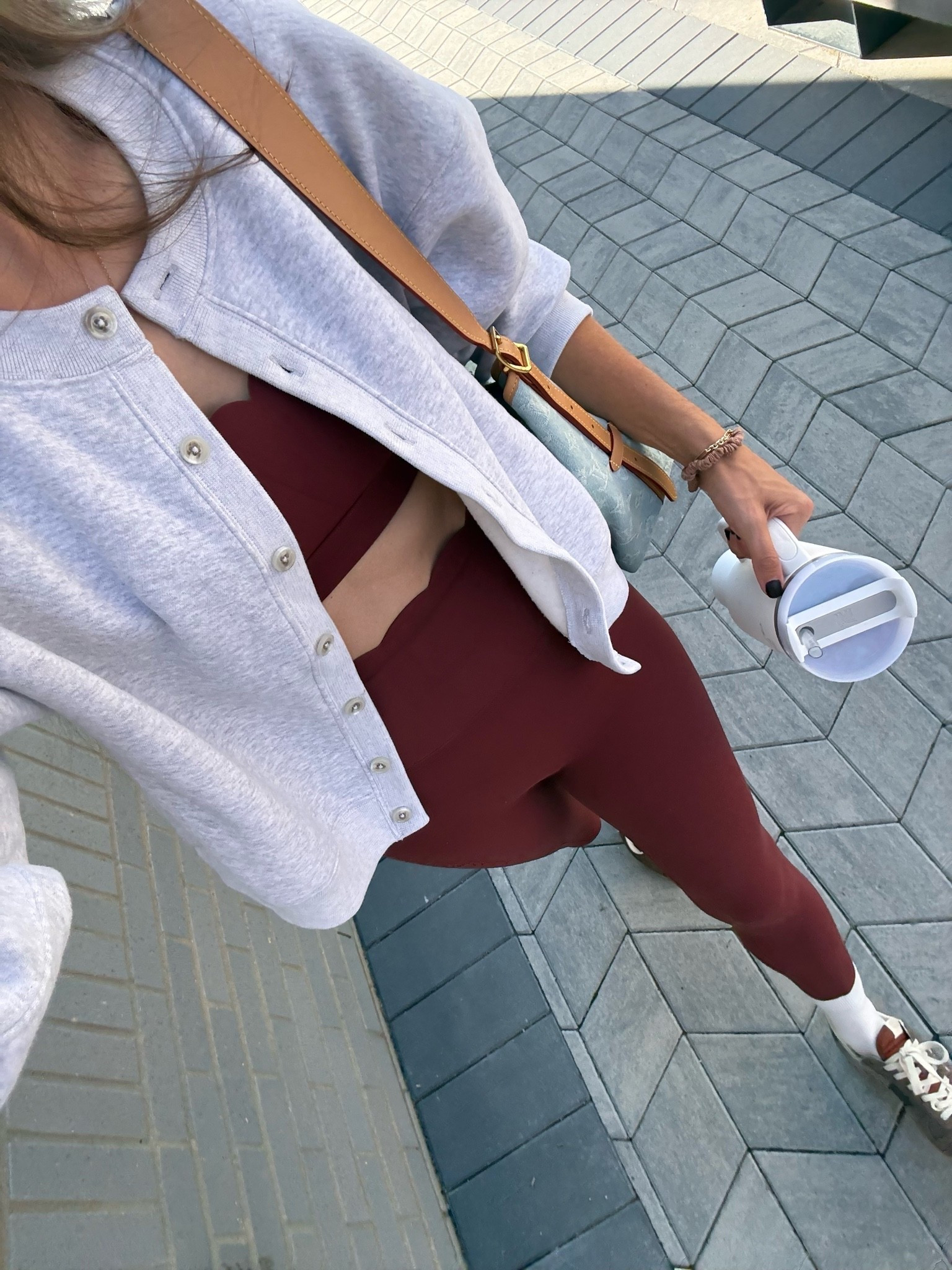 Scallop matching workout set and sweatshirt cardigan. Pilates outfit.
