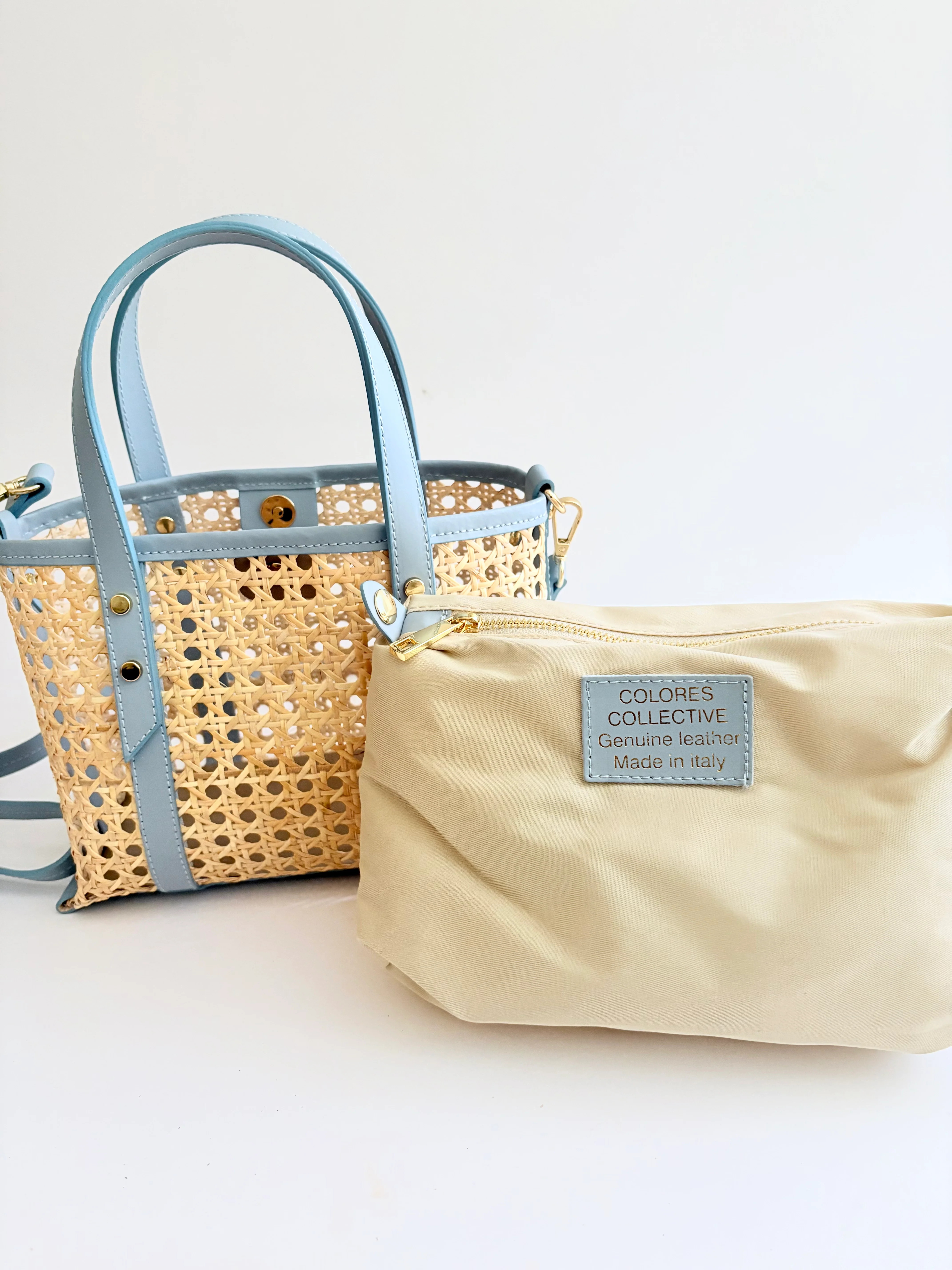 Light Blue Cane Wicker Mini Market Tote Pre- Sale | Colores Collective