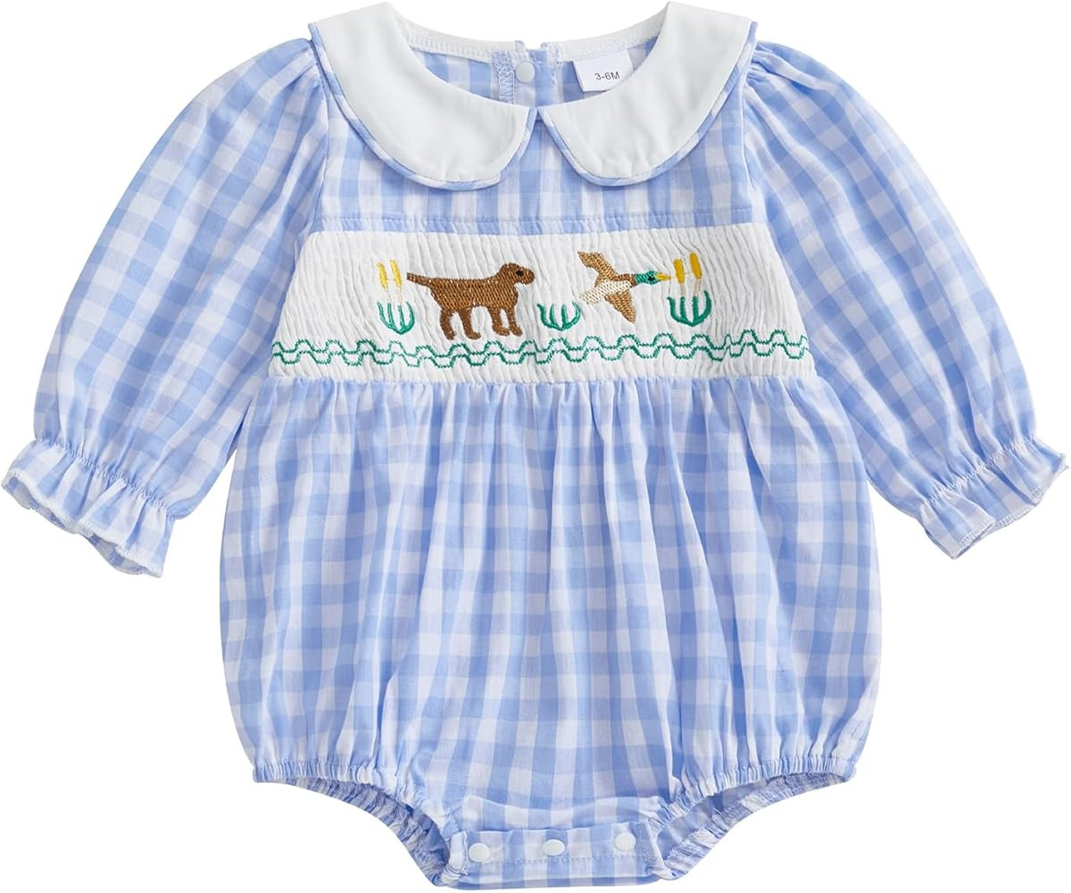 Newborn Girls Fall Clothes Dog Wild Duck Embroidered Plaid Long Sleeve Smocked Sweatshirt Romper ... | Amazon (US)