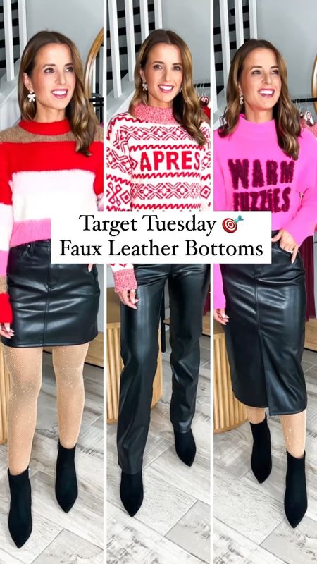 Target new arrivals: faux leather bottoms. #ad Faux leather skirts in XS. Faux Leather 90's Straight pants in 00 short. Target sweaters in XS. Christmas outfits. Holiday outfits. Christmas party. Holiday party. #targetpartner #target @target @targetstyle 

#LTKHoliday #LTKparties #LTKshoecrush