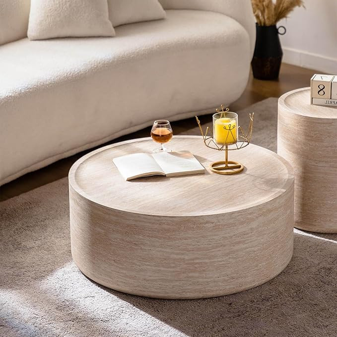 39.37/31.5" Round Coffee Table, Faux Travertine Marble Finish Drum Coffee Table, Modern Center Ta... | Amazon (US)