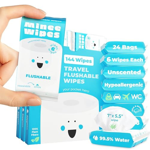 Impossibly Compact Travel Flushable Wipes - 99.5% Water and Aloe - Safe for Sensitive Skin & Hypoallergenic - Travel Essentials for Adults & Kids, Unscented, 24 Pack 144 Wipes | Amazon (US)
