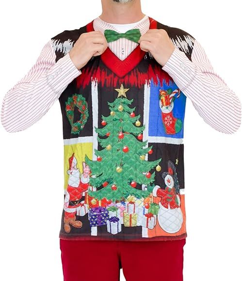 Faux Real Men's 3D Photo-Realistic Ugly Christmas Sweater Long Sleeve T-Shirt | Amazon (US)