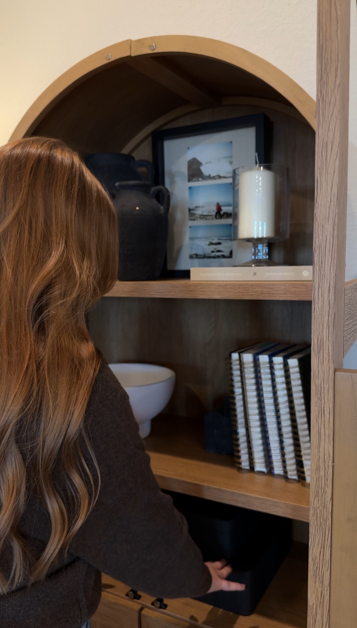 Walmart arched cabinet, arched cabinet decor, neutral home decor, Amazon home decorr

black vase, white bowl + book end are from Home Goods, journals are Golden Coil & black boxes are older from Target

#LTKHome