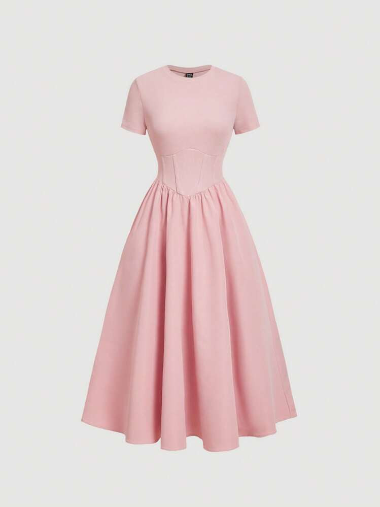 SHEIN MOD Pink Fishbone Pattern Short Sleeve Mid-Length Dress,Office Outfits For Women,Casual,Vacation Dress,Boho,Work Clothes Women | SHEIN