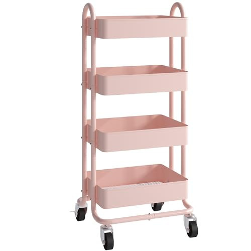 Elitehouse 4 Tier Metal Rolling Cart Pink Utility Cart with Wheels,Rolling Pink Cart for Office,Home,Kitchen,Garden（13.4"x18.1"x40"） | Amazon (US)