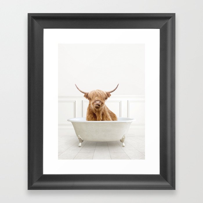 Highland Cow in Modern Neutral Bath Tub Framed Art Print by Amy Peterson Art Studio | Society6