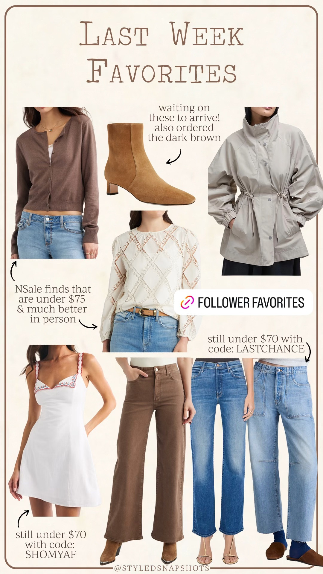 Last week follower favorites 
•small cardigan, tts 
•booties, ordered tts, but still waiting on them to arrive 
•US4 jacket, tts 
•small lattice top, tts 
•small regular dress, tts, I’m 5’5 (try code SHOPMYAF for discount) 
•jeans all size 26, tts (size down in the madewell jeans if between sizes or prefer a more fitted look)

#LTKSaleAlert