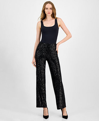 Women's Sequin High-Rise Wide-Leg Pants | Macy's