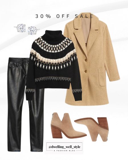 Old Navy Camel Coat & Fair Isle Turtleneck & Black Faux Leather Pants, all on sale 30% off with code HURRY. Paired with ankle booties & 1 carat CZ earrings. 

#LTKstyletip #LTKSeasonal #LTKunder50