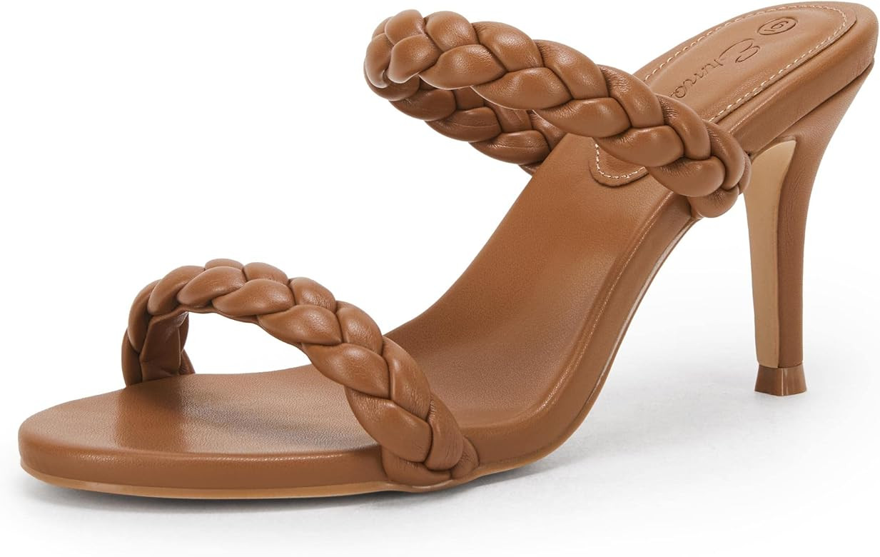 Womens Open Toe Braided Heeled Sandals Two Strap Stiletto High Heels Slide Mules Shoes | Amazon (US)