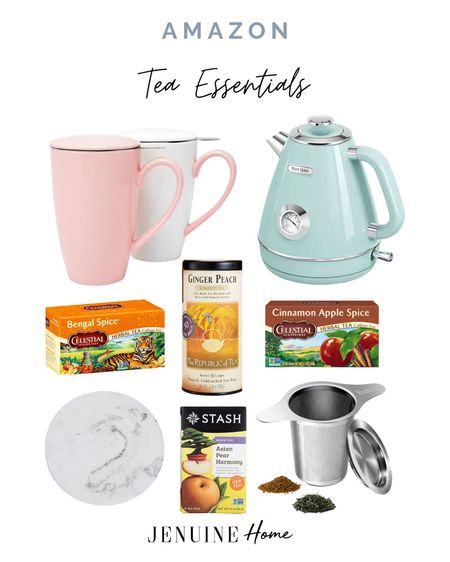 Tea essentials. Mint tea pot. Electric tea pot. Favourite teas. Tea strainer. Cop coaster. Ceramic tea cup with lid. Amazon products  