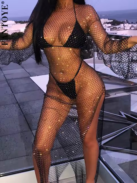 FANTOYE New Diamond Shiny Party Dress Women Split Long Sleeve Maxi Bodycon Dress Sexy See-Through... | AliExpress (US)