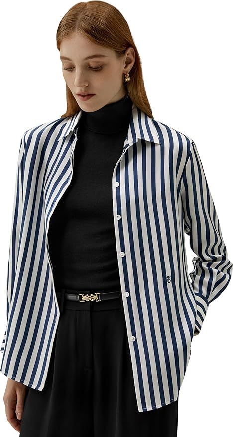 LilySilk Womens 100% Silk Shirt Ladies Blue White Pinstripes Blouse with V Neck and Long Sleeve W... | Amazon (US)