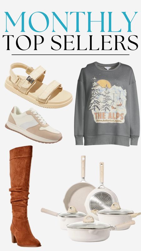 monthly top sellers, top sellers, slouch boots, sneakers, sandals, chunky sandals, time and tru, walmart fashion, shoes, pots and pans, pans, non-stick pans, non-stick, sweatshirt, crewneck sweatshirt

#LTKstyletip #LTKfindsunder100 #LTKover40