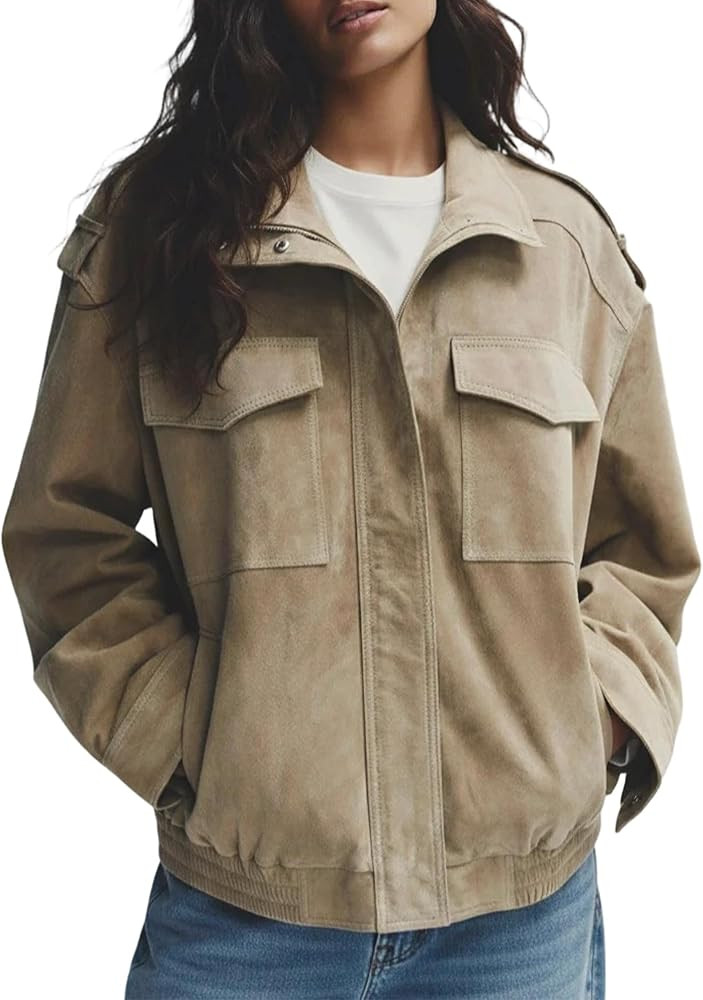 Womens Faux Suede Bomber Jacket Pilot Lapel Zip Up Jackets 2026 Oversized Streetwear Outerwear Co... | Amazon (US)