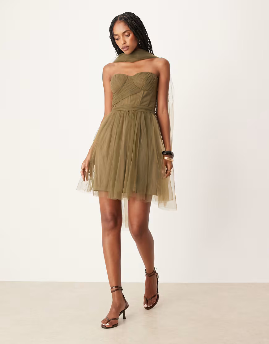 Lace & Beads scarf neck corset tulle mini dress in deep olive-Green | ASOS (Global)