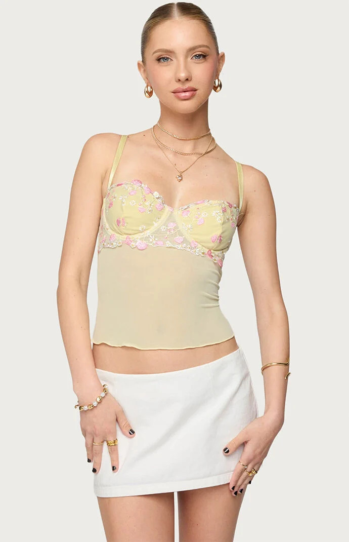 Edikted Women's Embroidered Floral Sheer Bra Top in Yellow - Size Medium | PacSun