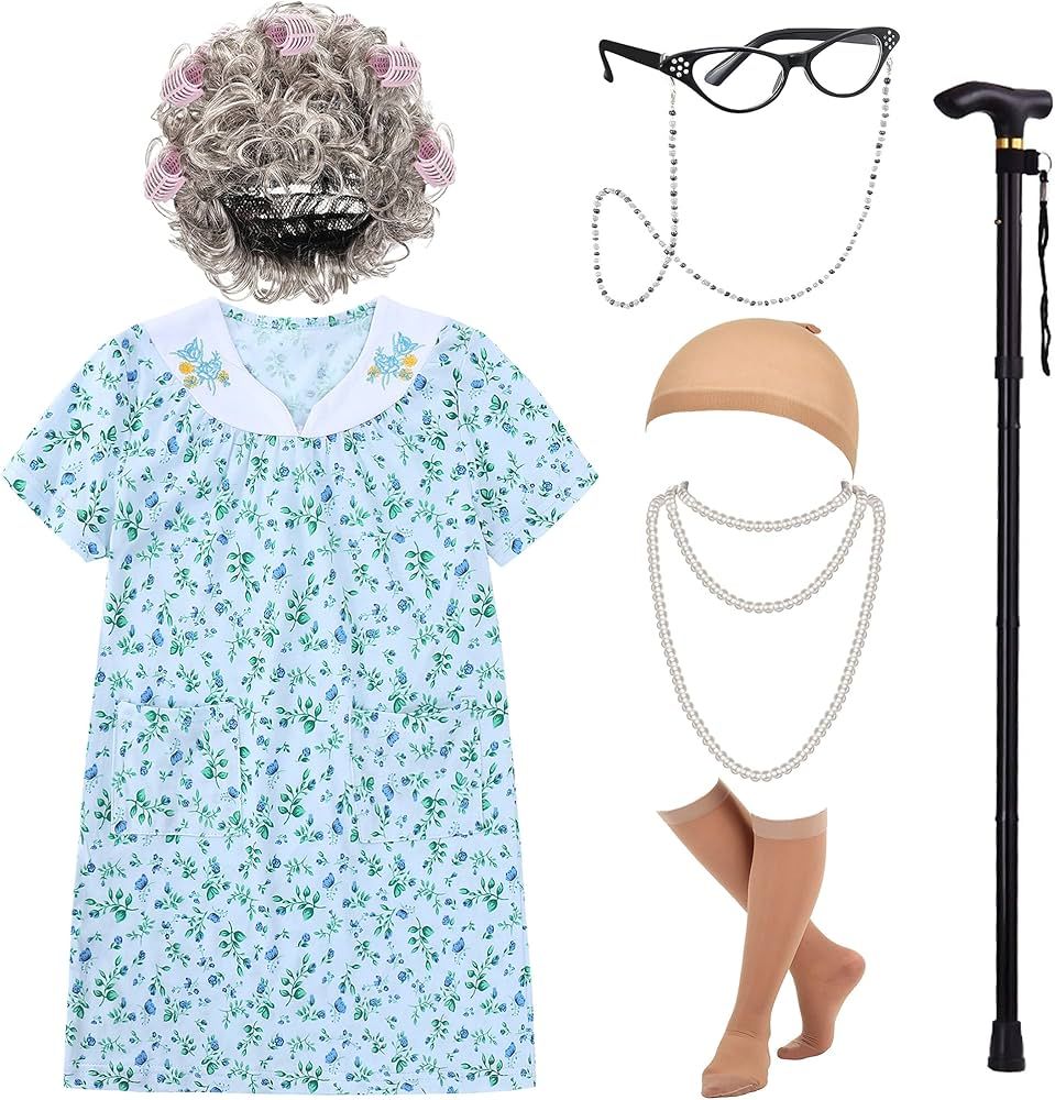 EBYTOP Girls Old Lady Costume Kit with Nightgown Wig Cane & Other Halloween Cosplay Accessories | Amazon (US)
