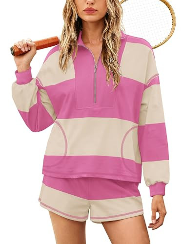 Yanekop Womens Lounge Sets 2 Piece Outfits Oversized Striped Set Matching Sweat Sets Long Sleeve Shirt and Shorts Set(Beige Pink,S) | Amazon (US)