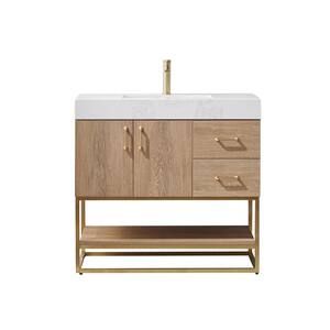 Alistair 36 in. Bath Vanity in North American Oak with Grain Stone Top in White with White Basin | The Home Depot