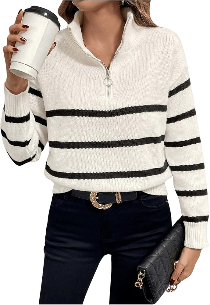 GORGLITTER Women's Striped Quarter Zip Sweater Long Sleeve Collared Cute Fall Fashion 2024 Knit S... | Amazon (US)