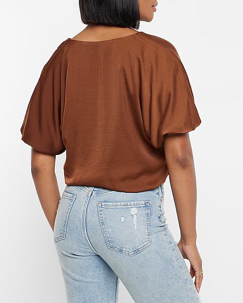 Satin V-Neck Short Sleeve Bubble Top | Express