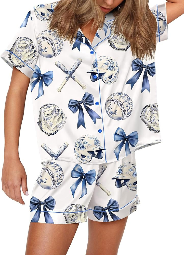 SHESHOW Pajamas for Women Set Satin Button Down Short Sleeve Top and Shorts Pjs Sets Sport Ball P... | Amazon (US)