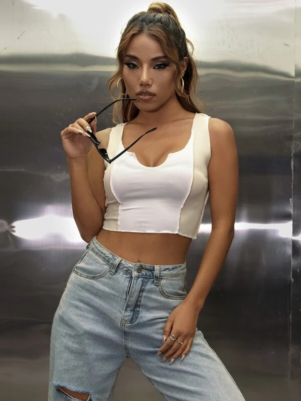 Notch Neck Colorblock Tank Crop Top | SHEIN