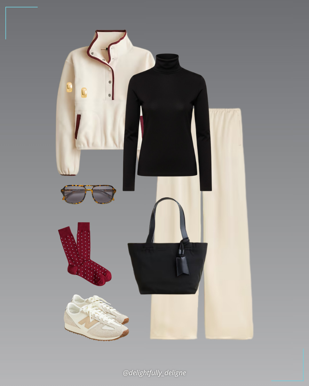 J.Crew Comfort 🤍🖤 Warm-up fleece pullover, Cosmo pant in luster charmeuse, feather jersey turtleneck, Alex Eagle X J.Crew nylon bag, dotted critter socks, MACHETE Jane sunglasses, small huggie hoop earrings & New Balance® 471 unisex sneakers. 

 #LTKgrwm #LTKootd #LTKOver40