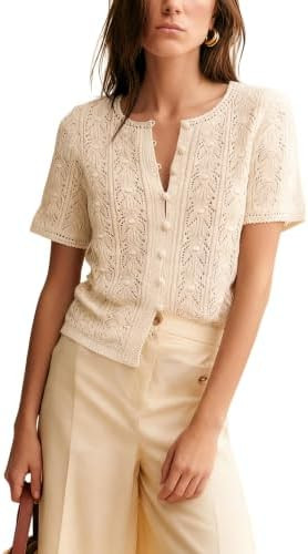 Bianstore Womens Casual Short Sleeve Crochet Knit Cardigans Button Down Lightweight Hollow Out Sw... | Amazon (US)