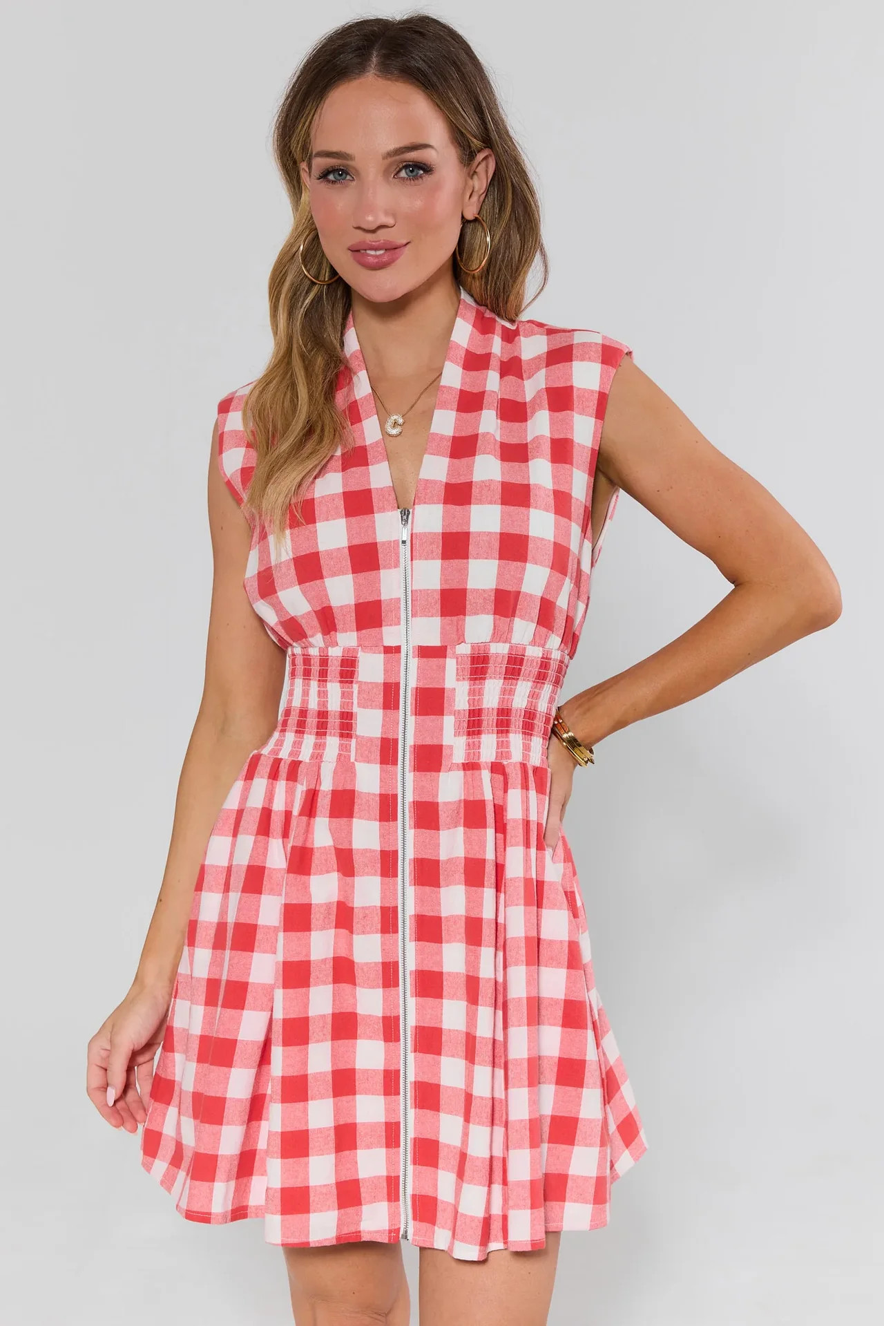 Lillian Red Gingham Zip Up Short Dress | Avara