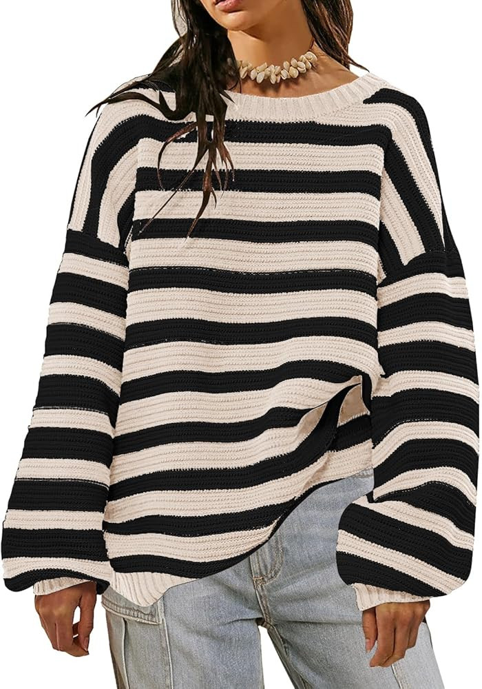 Women Striped Sweater Oversized Long Sleeve Crew Neck Ribbed Knit 2023 Pullover Sweater Tops for ... | Amazon (US)
