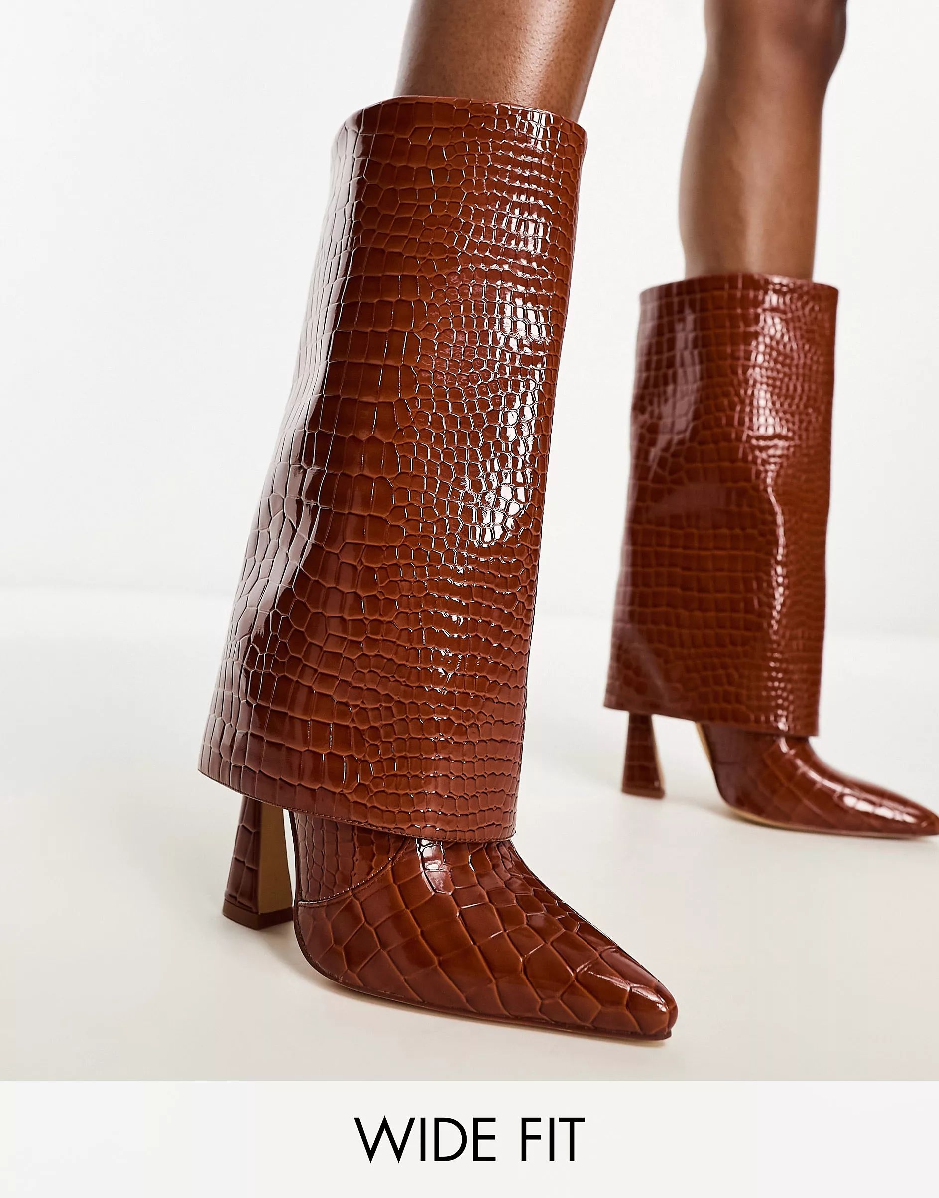 Simmi London Wide Fit Rayan foldover heeled knee boots in tan patent croc | ASOS (Global)