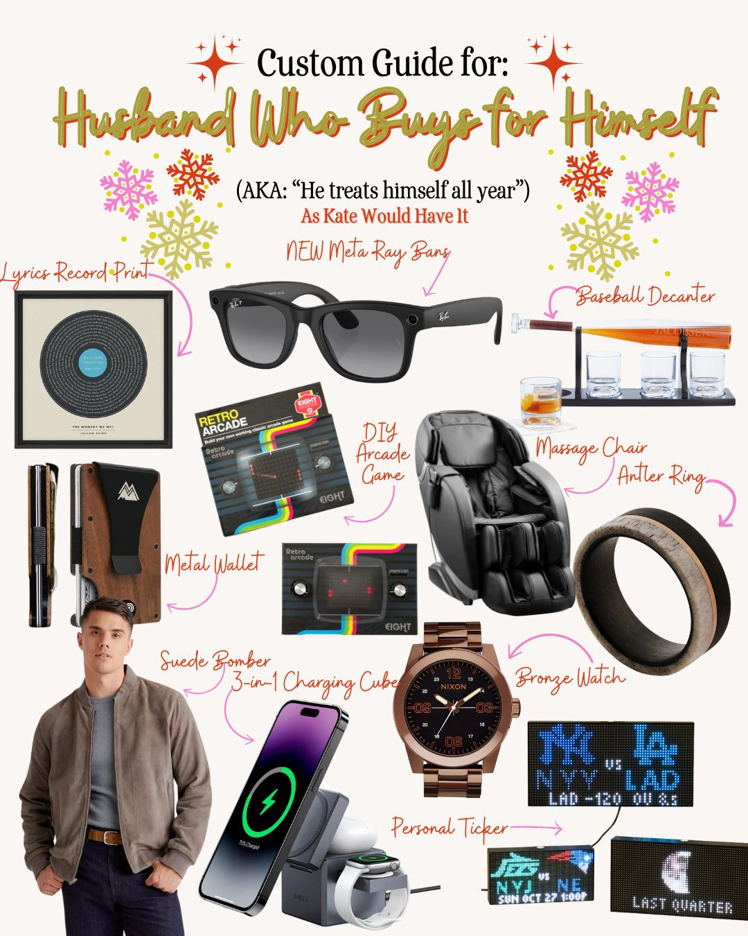 You asked for: Gifts for the husband who treats himself all year. My suggestions? The new META Ray-Ban glasses are SO. COOL. They're a tech + accessory gift he'll love. Splurge for a massage chair, score a personalized ticker so he can...keep score. Upgrade his wedding band, or personalize wall decor with "your song". 

 #LTKCyberWeek #LTKGiftGuide #LTKMens