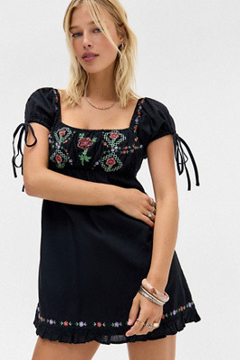 Kimchi Blue Marcella Embroidered Tie-Back Babydoll Mini Dress | Urban Outfitters UK