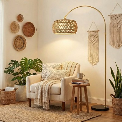 LOVSON Gold Arc Floor Lamp with Rattan Lampshade, Height Adjustable Standing Lamp with Remote Control for Living Room Bedroom | Target