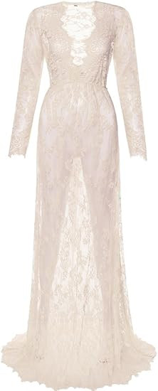 Saslax Women's Off Shoulder Ruffle Sleeve Lace Maternity Gown Maxi Photography Dress | Amazon (US)