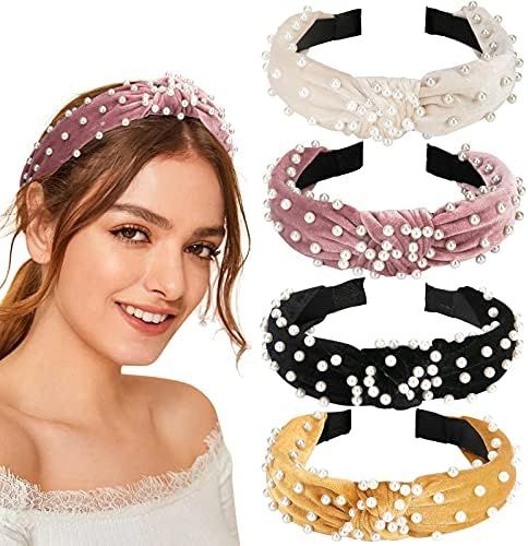 Allucho 4 Pack Velvet Wide Headbands Knot Turban Hairband Vintage Head wrap with Faux Pearl Elast... | Amazon (US)
