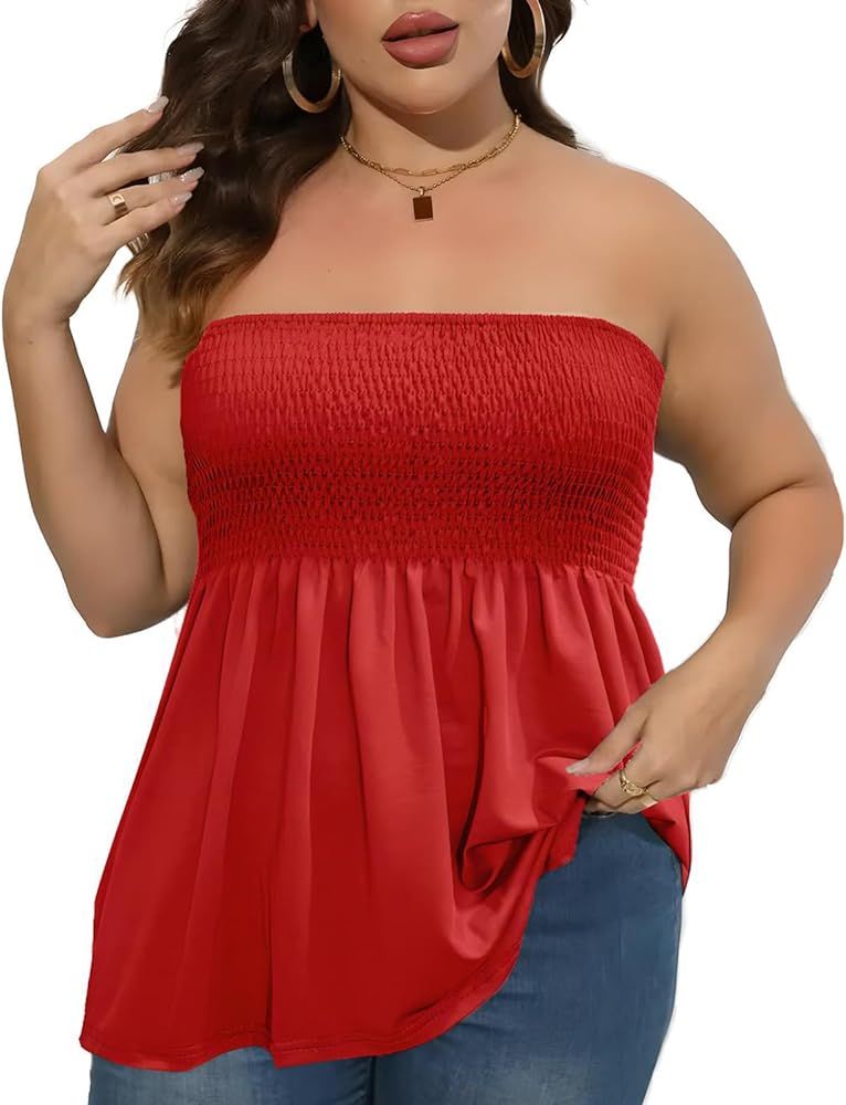 Comeon Plus Size Tube Top for Women Strapless Pleated Off The Shoulder Tops Sexy Summer Tunic Tan... | Amazon (US)