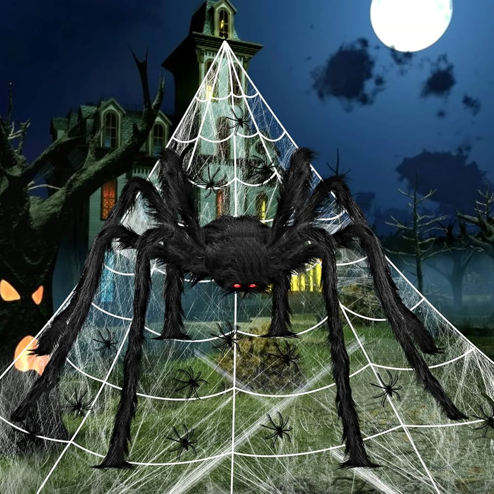 Angelhood 200 Inches Spider Webs Halloween Decorations, 5ft Giant Spiders Fake Scary Hairy Spider... | Amazon (US)
