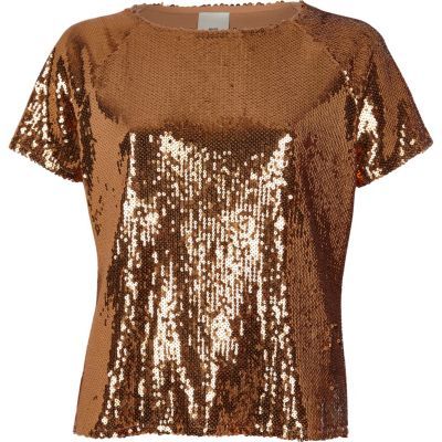 River Island Womens Copper sequin embellished T-shirt | River Island (US)