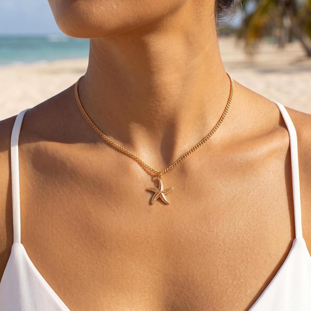 Shell Starfish Necklace for Women, 14k Gold Plated Boho Layered Beaded Charm Pendant Necklace, Da... | Amazon (US)